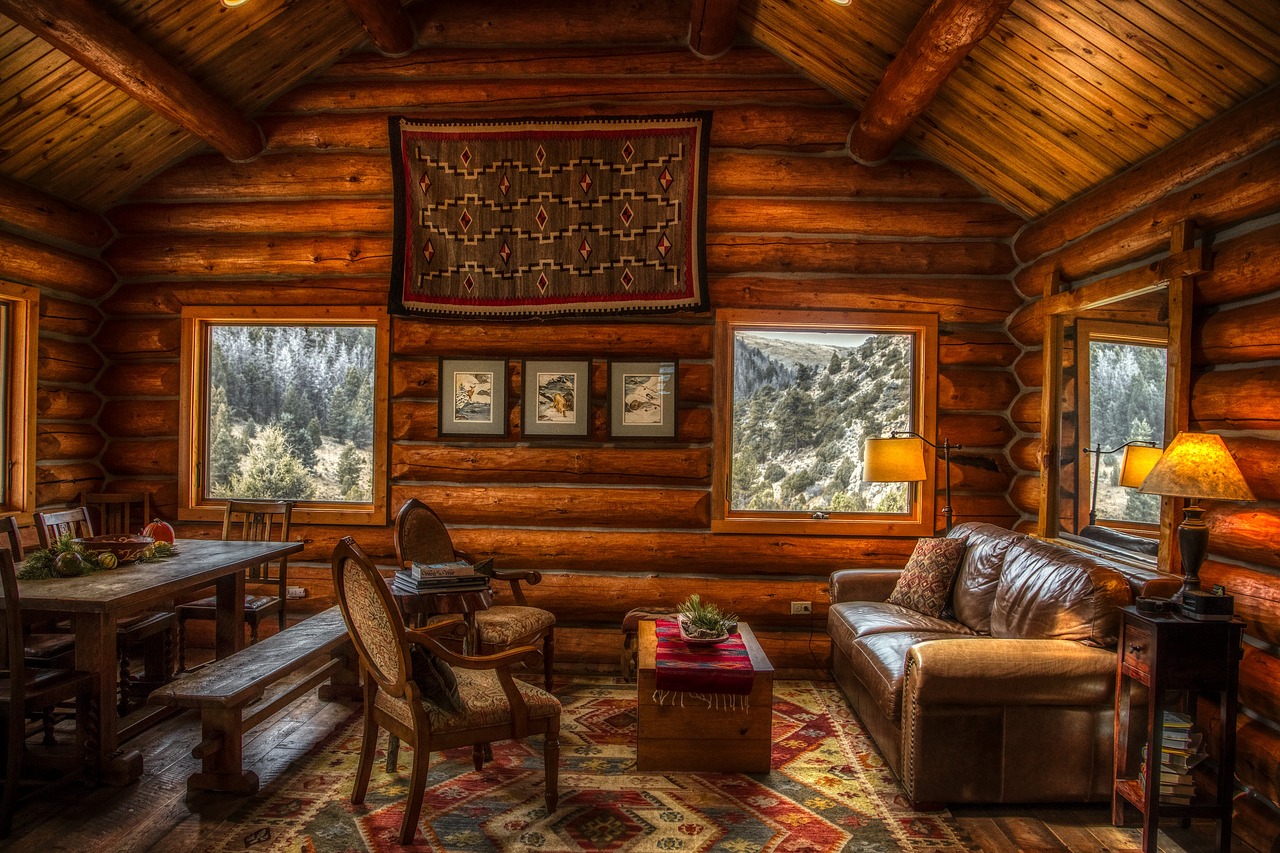 Log cabin with wooden furniture